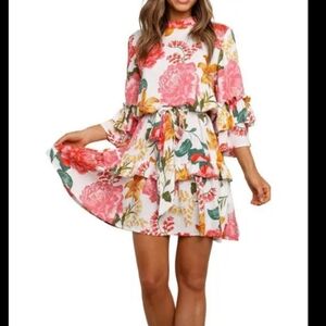 Petal Floral Tiered Dress Size L Bell Sleeve Ruffle Coquette Fairy Garden Party